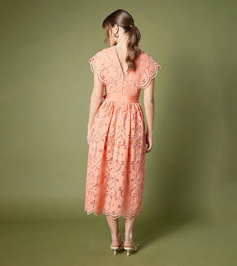 Lace V-Neck Belted Midi Holiday Dress
