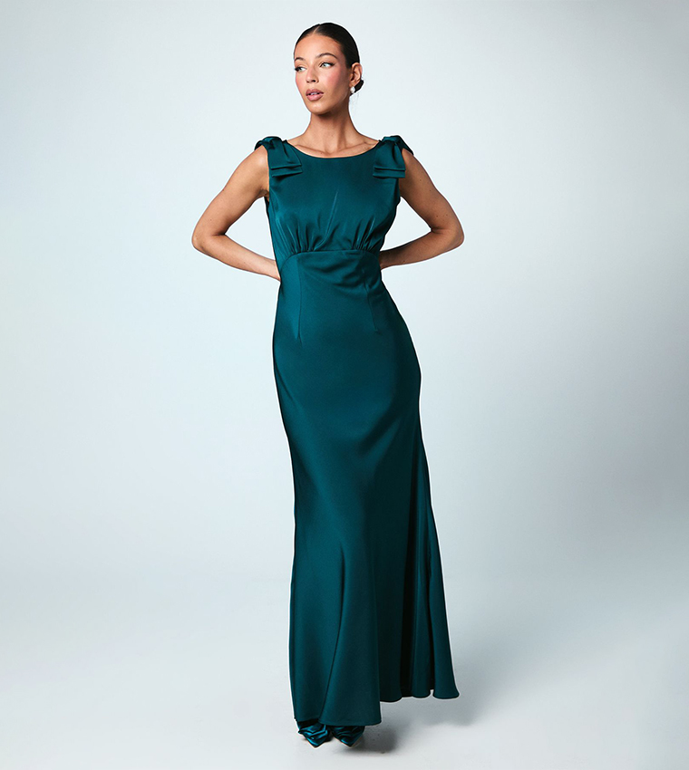 Bow Shoulder Cowl Satin Bridesmaids Maxi Dress