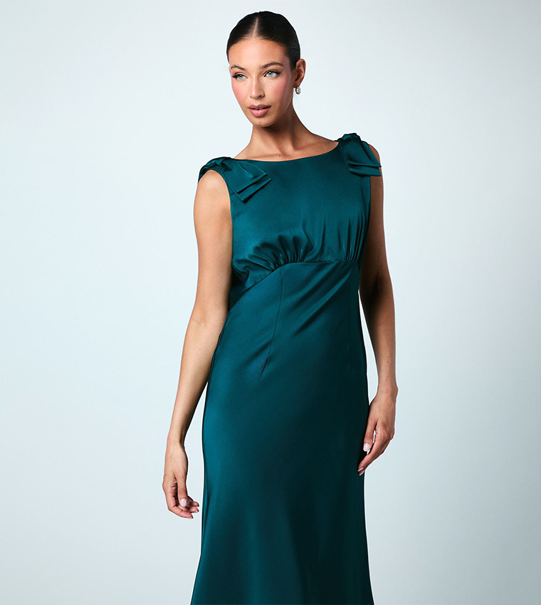 Bow Shoulder Cowl Satin Bridesmaids Maxi Dress
