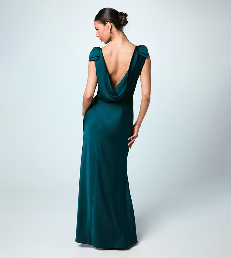 Bow Shoulder Cowl Satin Bridesmaids Maxi Dress