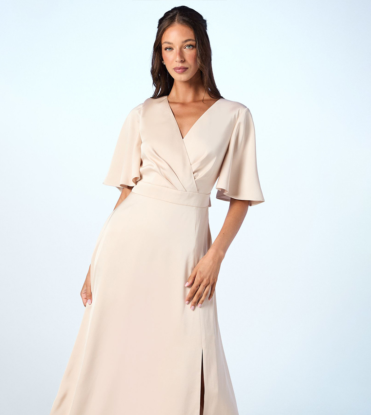 Flared Sleeves Wrap Satin Maxi Bridesmaids Dress