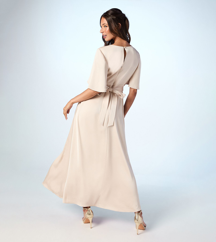 Flared Sleeves Wrap Satin Maxi Bridesmaids Dress