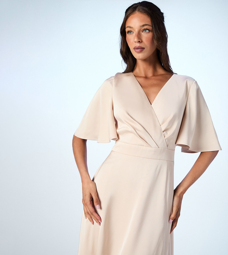 Flared Sleeves Wrap Satin Maxi Bridesmaids Dress