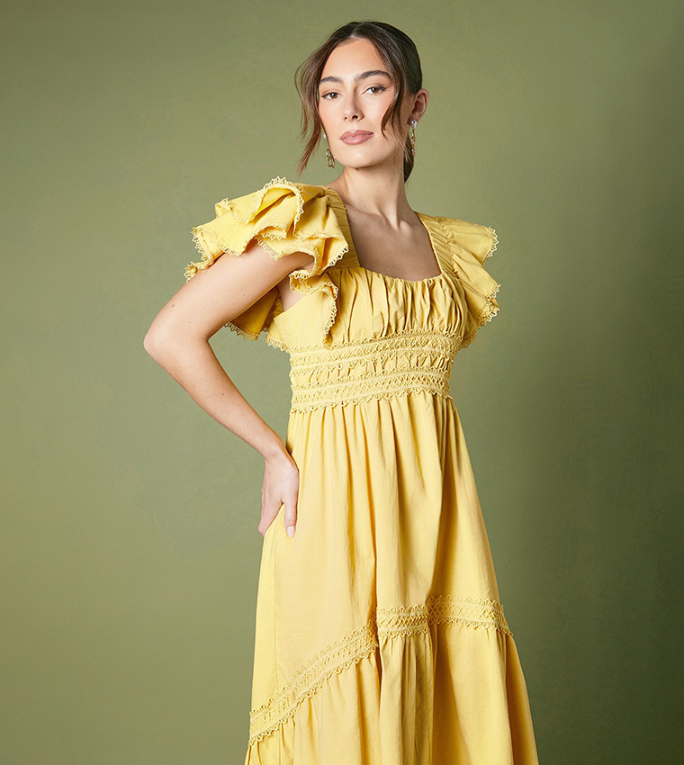Ruffle Sleeves Tiered Midi Dress