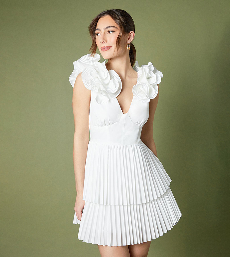 Solid Pleated Layered Mini Dress