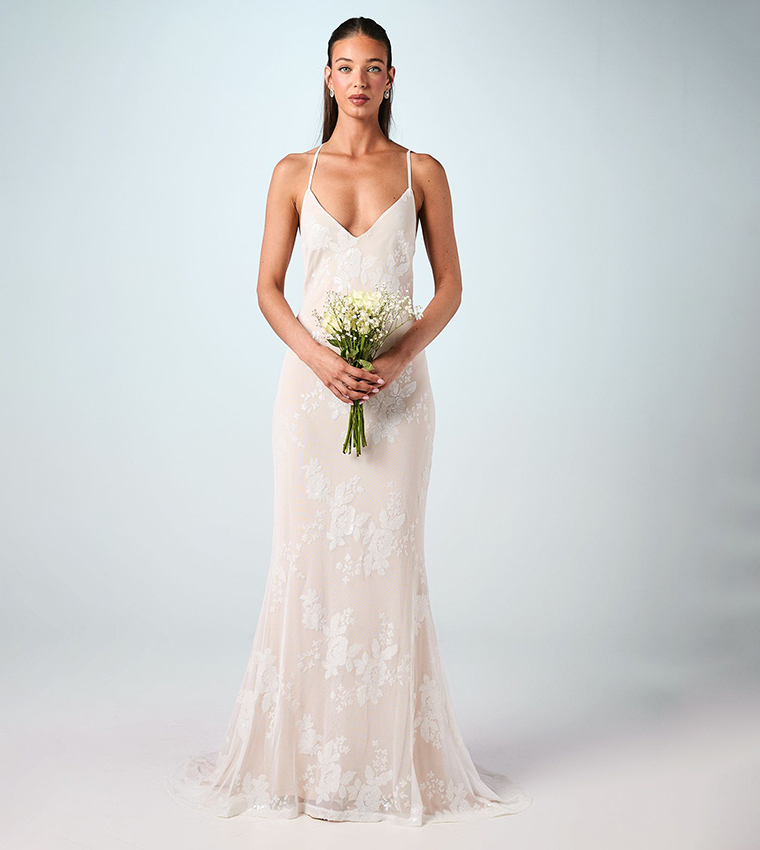 Embellished V-Neck Mesh Maxi Wedding Dress