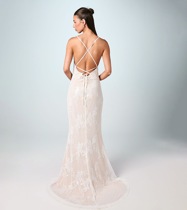 Embellished V-Neck Mesh Maxi Wedding Dress