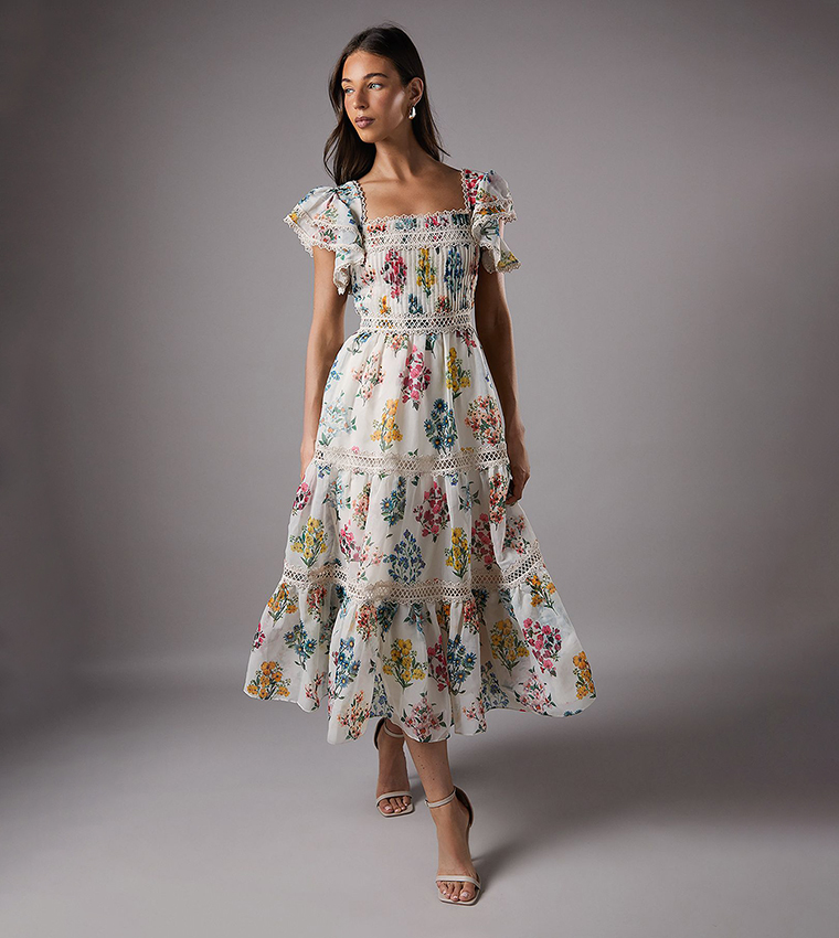 Printed Lace Trim Tiered Midi Dress