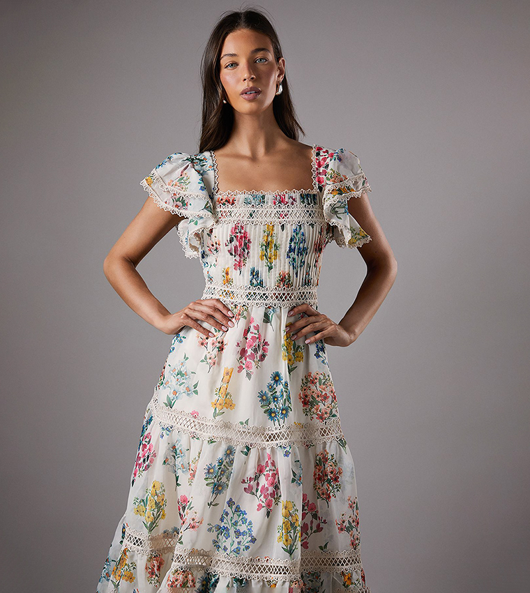 Printed Lace Trim Tiered Midi Dress