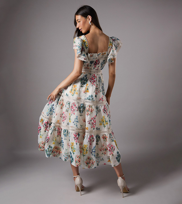 Printed Lace Trim Tiered Midi Dress
