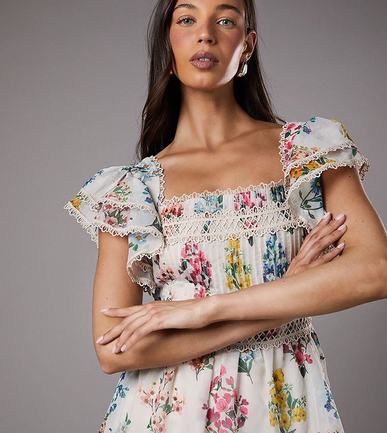 Printed Lace Trim Tiered Midi Dress