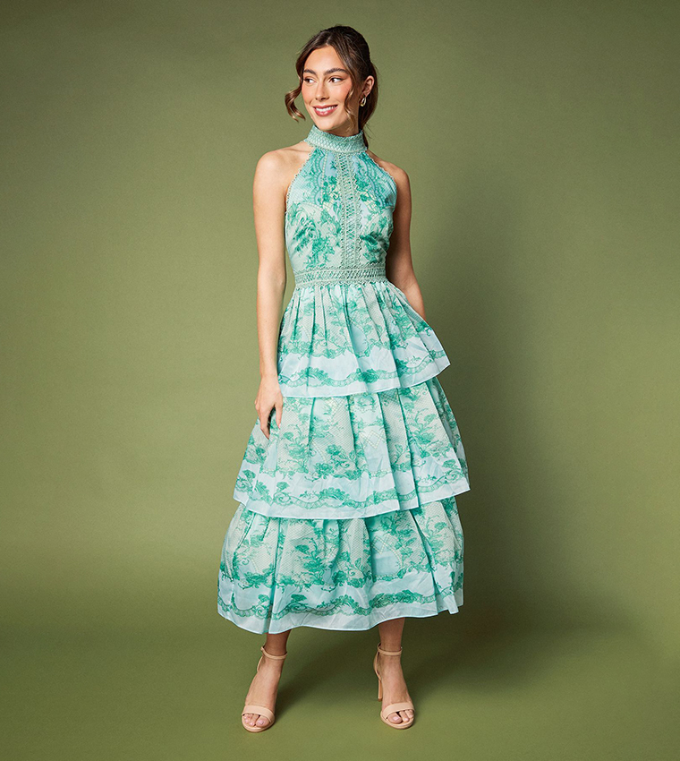 Tiered Hem Halter Neck Maxi Holiday Dress