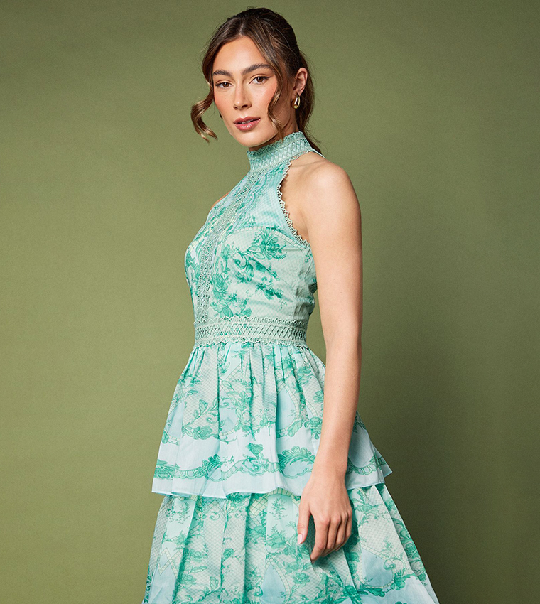 Tiered Hem Halter Neck Maxi Holiday Dress