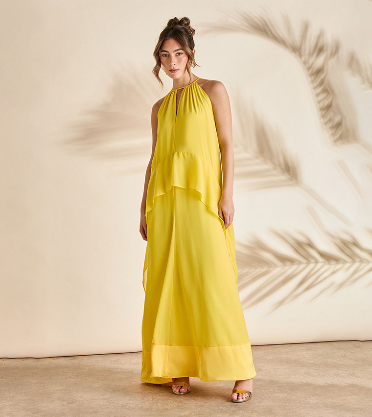 Halterneck Cape Sleeves Cold Shoulder Maxi Dress