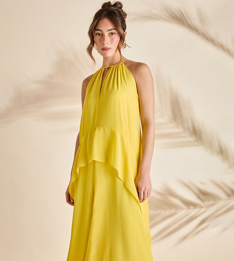 Halterneck Cape Sleeves Cold Shoulder Maxi Dress
