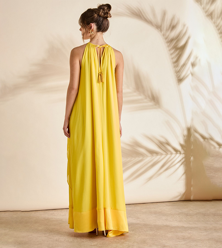 Halterneck Cape Sleeves Cold Shoulder Maxi Dress