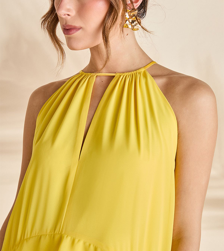 Halterneck Cape Sleeves Cold Shoulder Maxi Dress