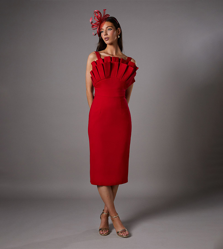 Fan Pleated Fitted Midi Dress