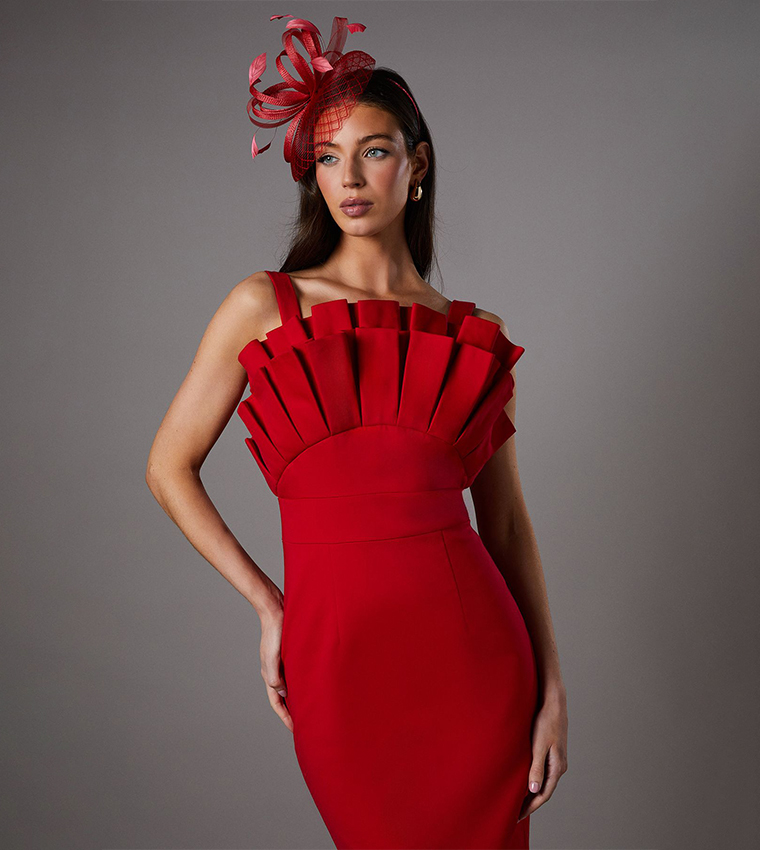 Fan Pleated Fitted Midi Dress