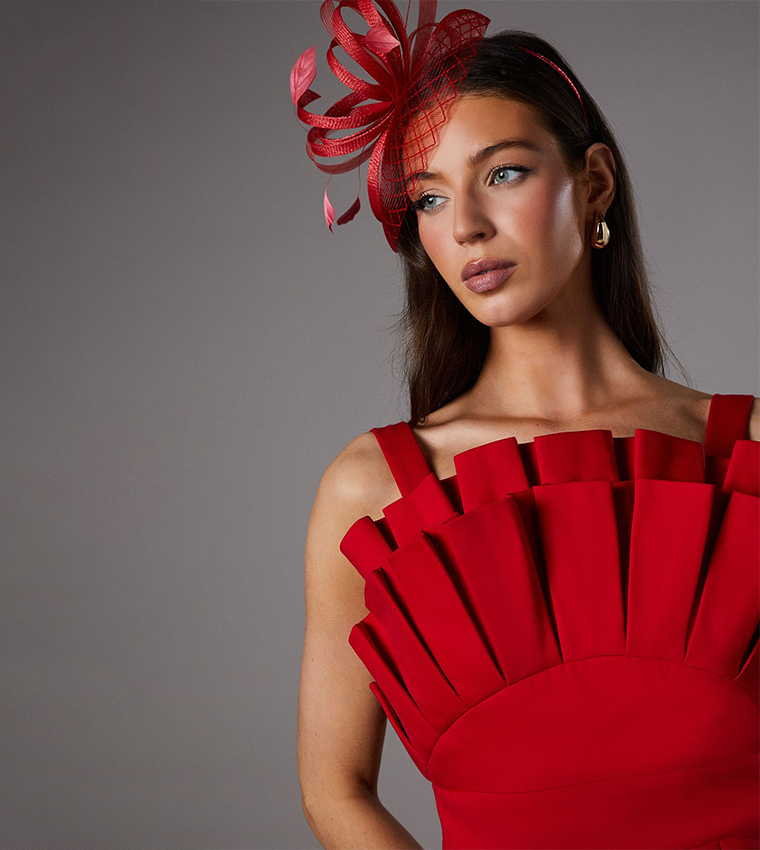 Fan Pleated Fitted Midi Dress
