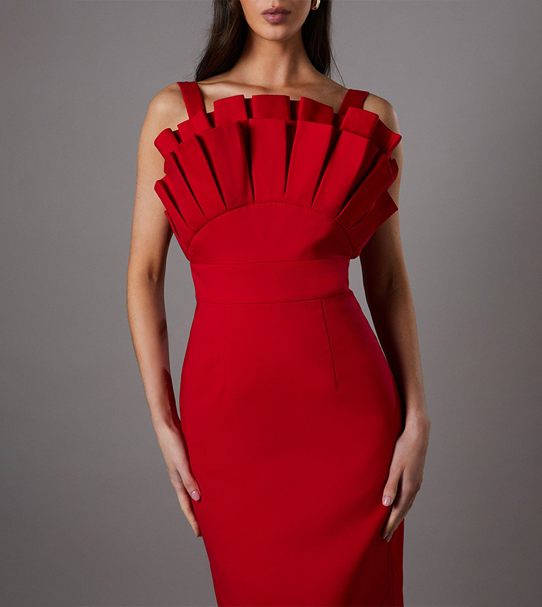 Fan Pleated Fitted Midi Dress