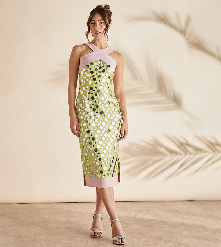 Cross Neck Mirror Sequined Midi Dress