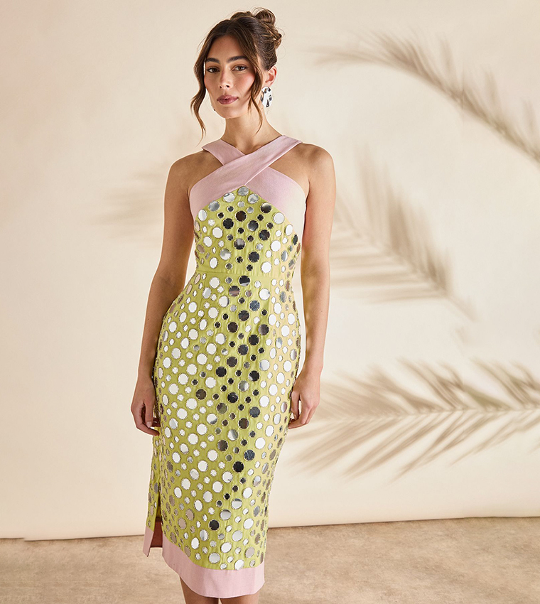 Cross Neck Mirror Sequined Midi Dress