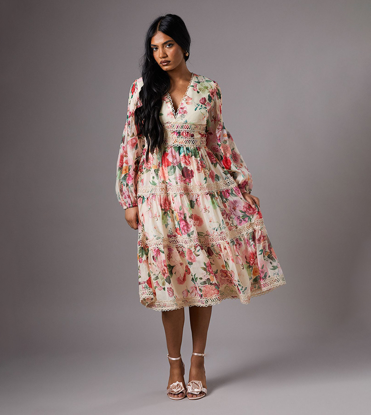 Petite Printed Organza Long Sleeves Lace Trim Midi Dress