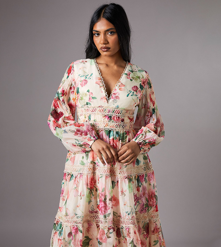 Petite Printed Organza Long Sleeves Lace Trim Midi Dress