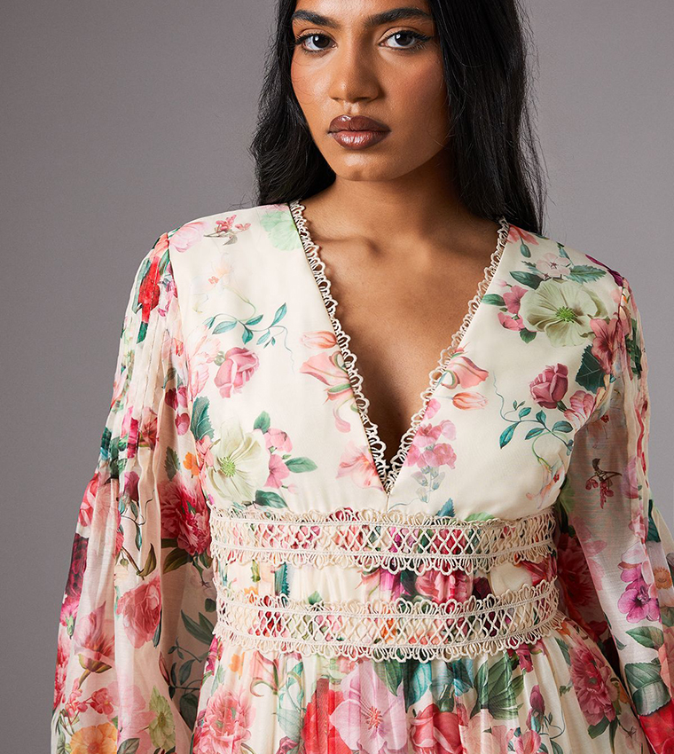 Petite Printed Organza Long Sleeves Lace Trim Midi Dress