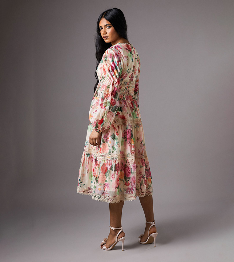 Petite Printed Organza Long Sleeves Lace Trim Midi Dress