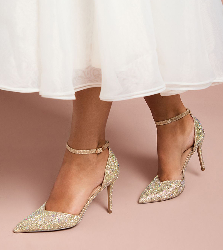 حذاء بكعب عالي مزين بكريستال وحزام كاحل