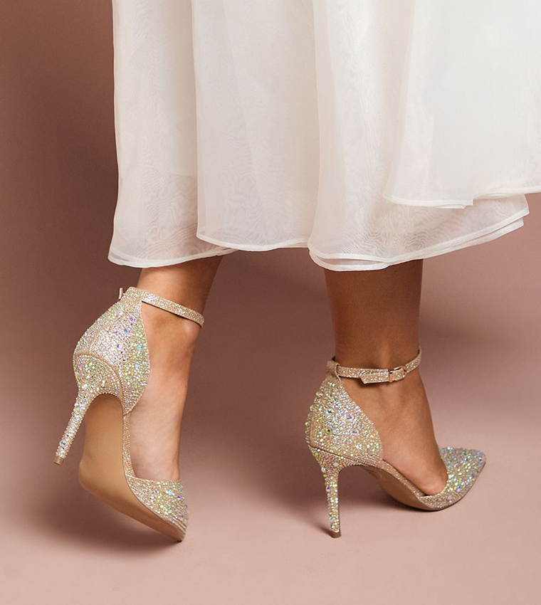 حذاء بكعب عالي مزين بكريستال وحزام كاحل