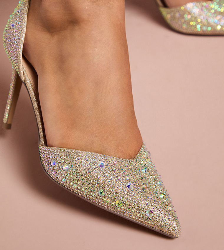 حذاء بكعب عالي مزين بكريستال وحزام كاحل