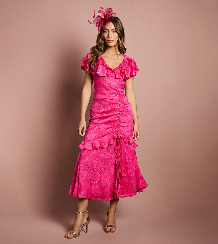 Frill V-Neck Jacquard Wedding Midaxi Dress