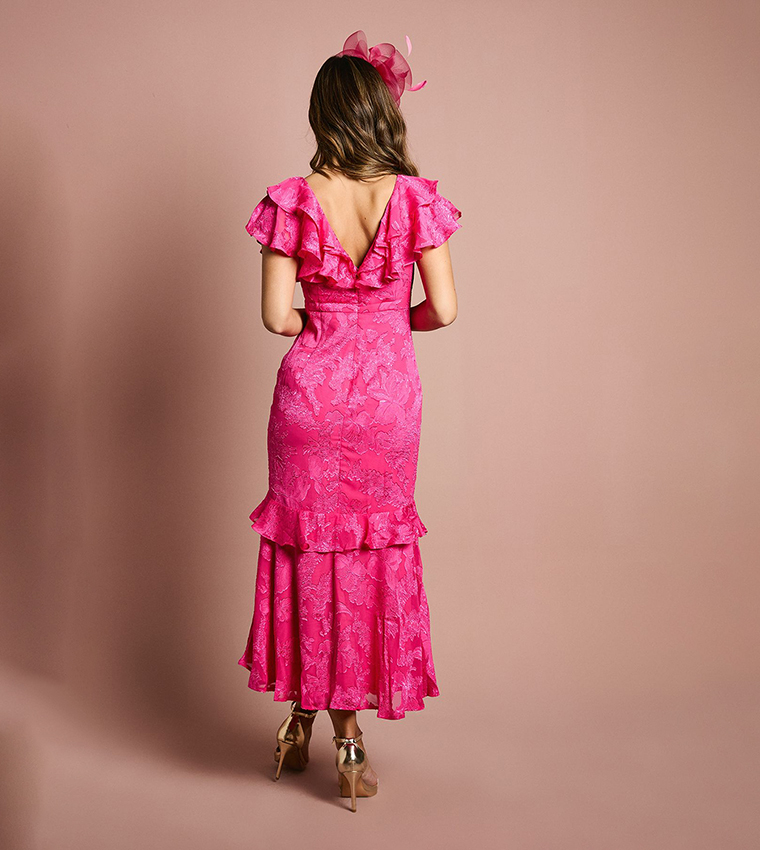 Frill V-Neck Jacquard Wedding Midaxi Dress