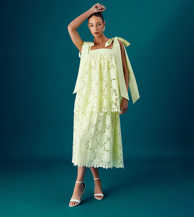 Muse Lace Tie Shoulder Tiered Midi Wedding Guest Dress