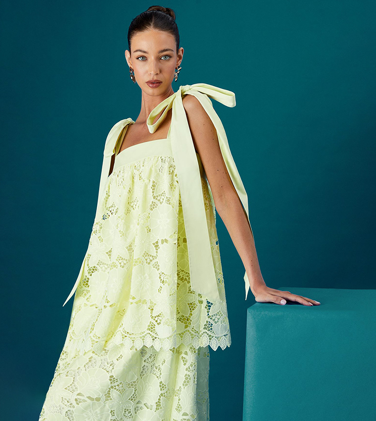 Muse Lace Tie Shoulder Tiered Midi Wedding Guest Dress