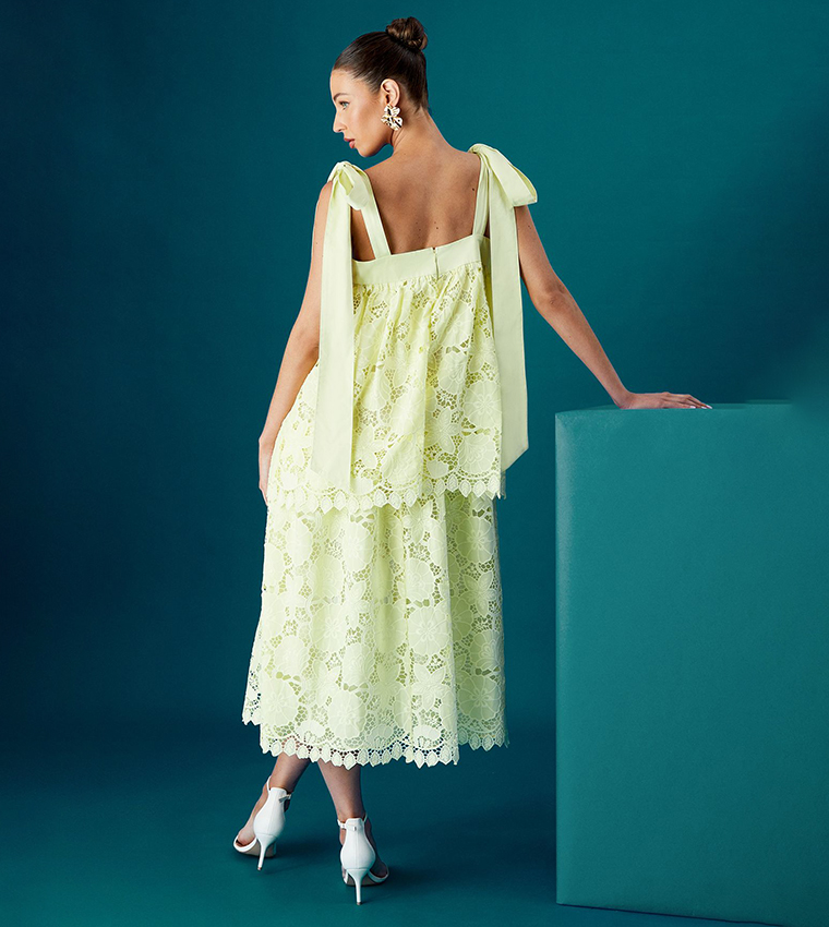 Muse Lace Tie Shoulder Tiered Midi Wedding Guest Dress