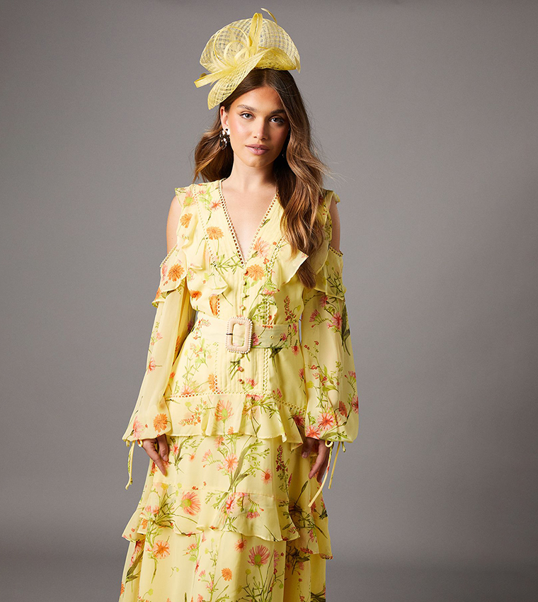 Buy Coast Floral Printed Cold Shoulder Belted Midi Dress In Yellow