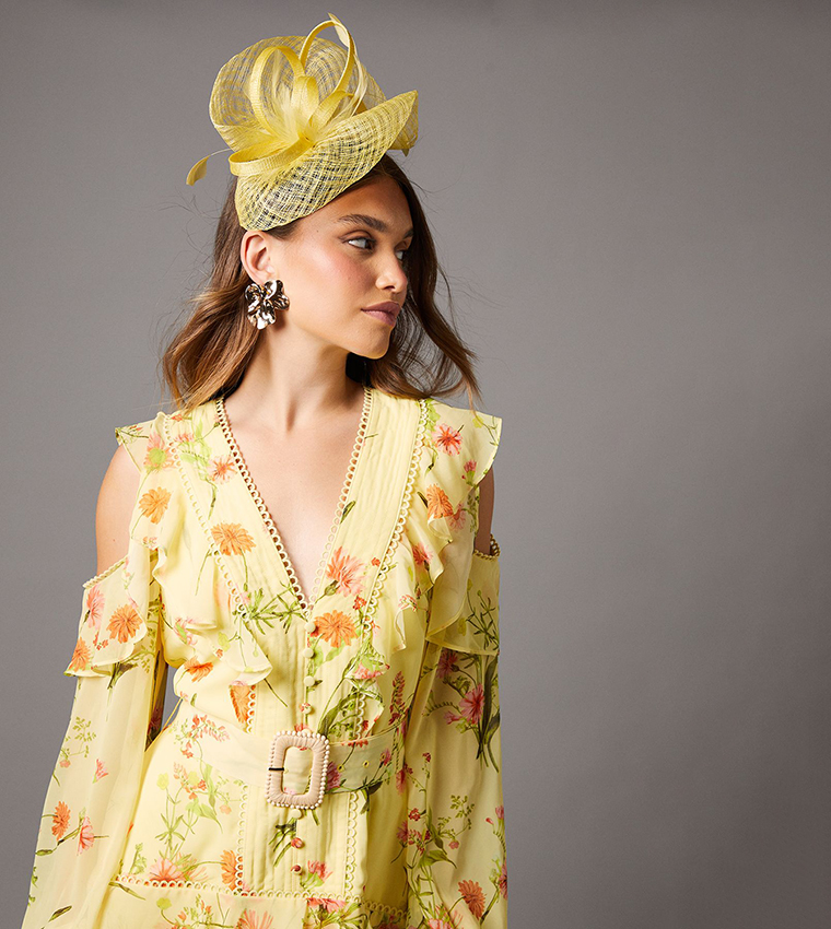 Buy Coast Floral Printed Cold Shoulder Belted Midi Dress In Yellow