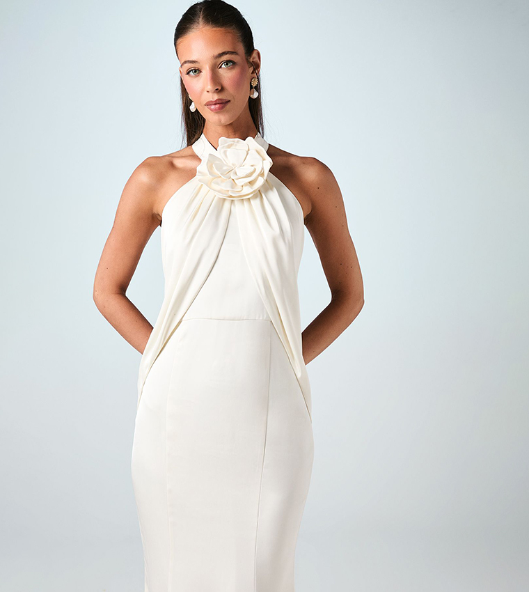 Halterneck Satin Wedding Dress With Flower