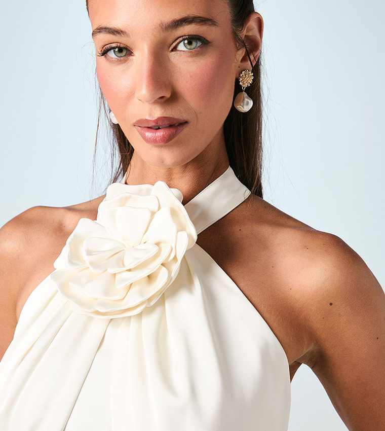 Halterneck Satin Wedding Dress With Flower