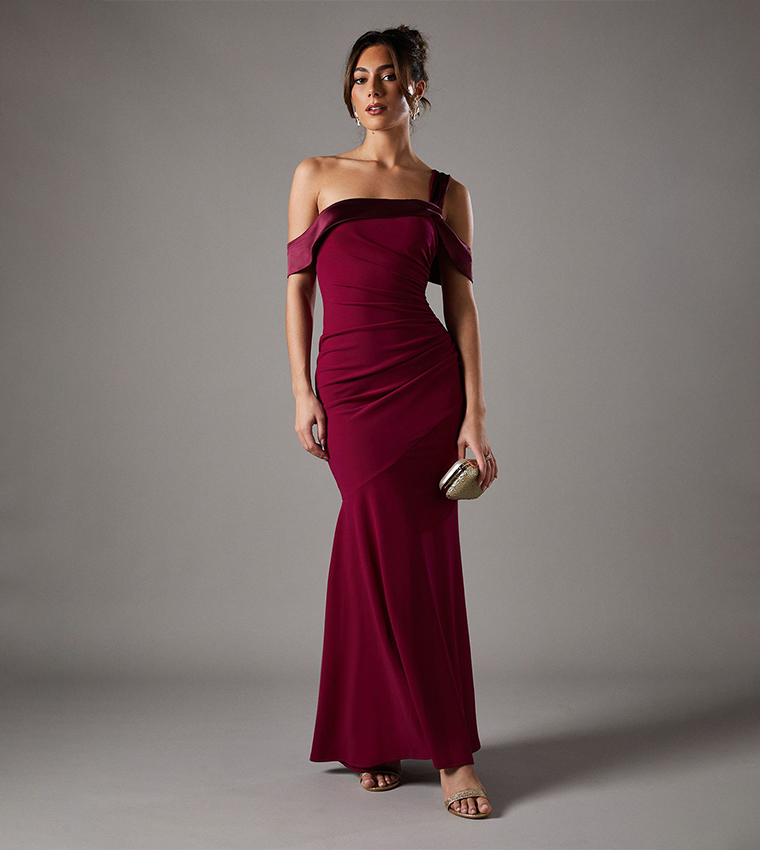 Satin Trim Bardot Maxi Party Dress