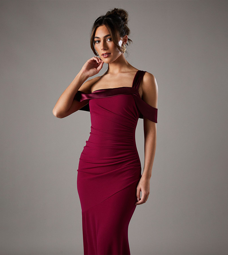 Satin Trim Bardot Maxi Party Dress