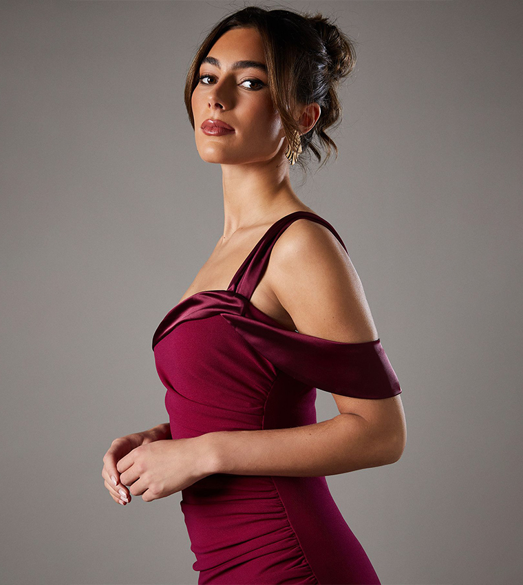 Satin Trim Bardot Maxi Party Dress