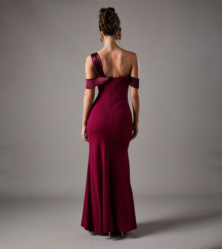 Satin Trim Bardot Maxi Party Dress