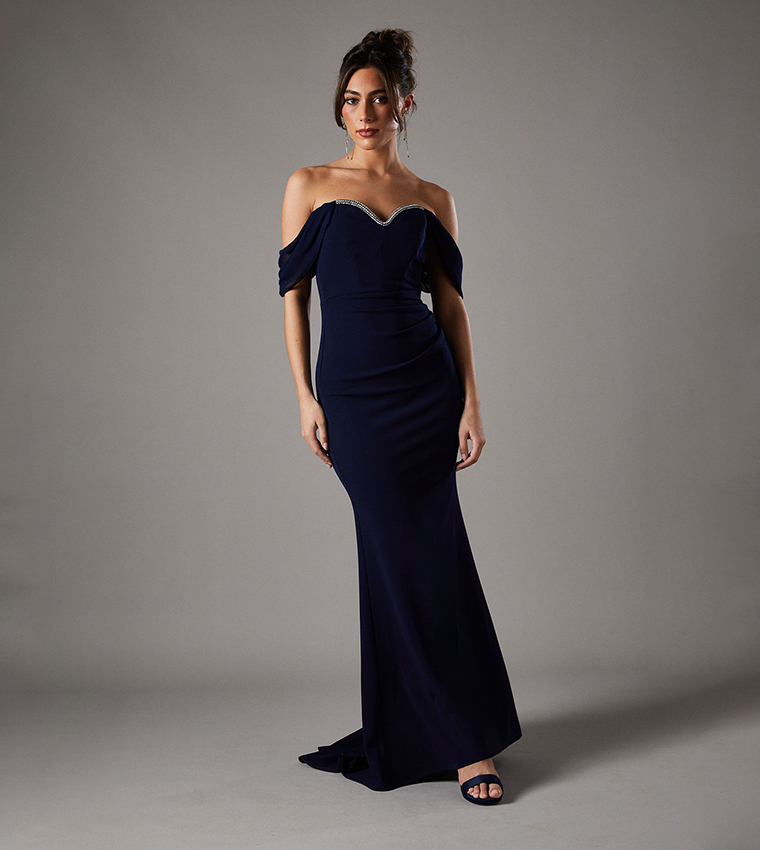 Diamante Trim Off Shoulder Maxi Dress