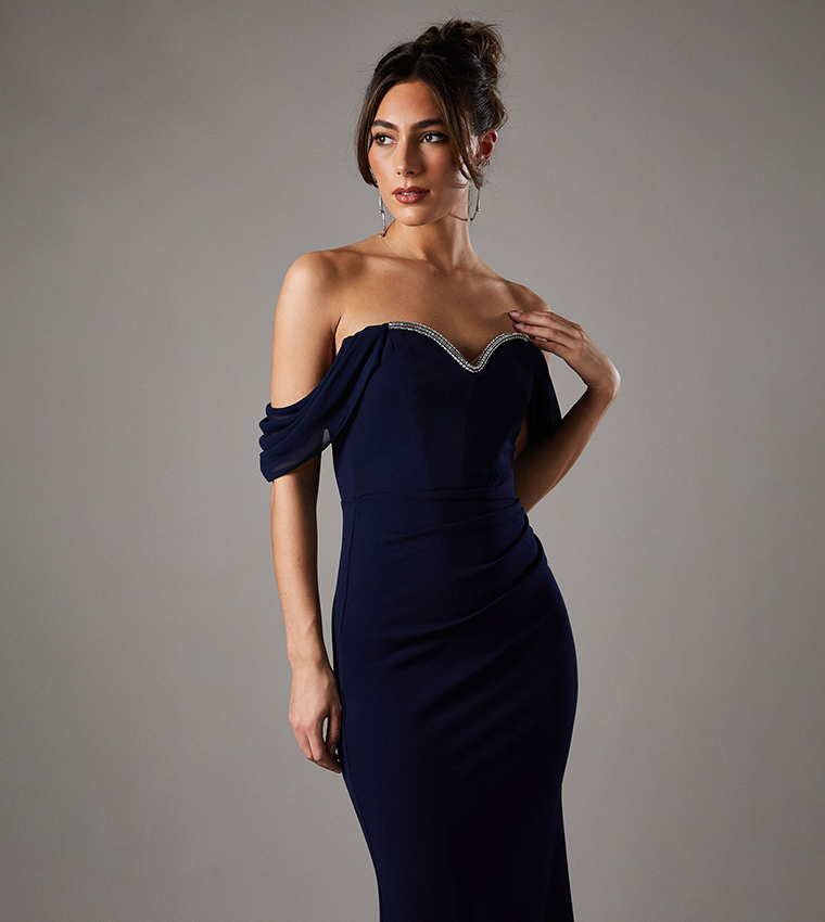 Diamante Trim Off Shoulder Maxi Dress