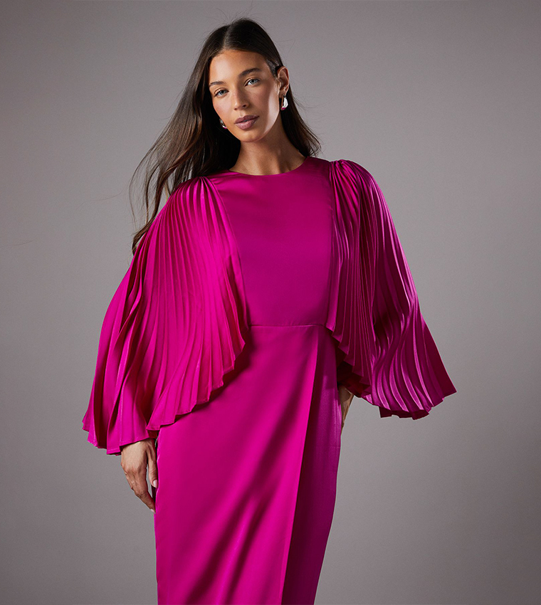 Pleated Cape Satin High Neck Maxi Dress
